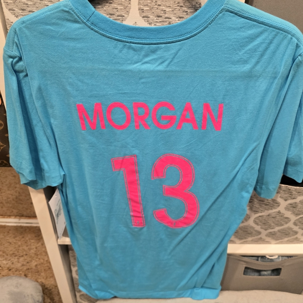 Morgan Number 13 Short Sleeve Tee - Turquoise with Pink Lettering